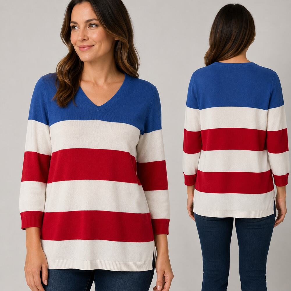 Talbots Red White Blue Striped V-Neck Cotton Blend Sweater Medium